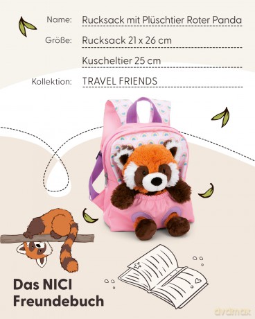 NICI Plecak z przytulanką 21x26cm Panda czerwona 25cm różowy