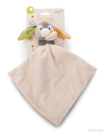 NICI Schmusetuch 22x22cm mit Kuscheltier Esel 12cm auf Header Karte