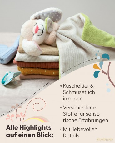 NICI Schmusetuch 22x22cm mit Kuscheltier Hase 12cm auf Header Karte