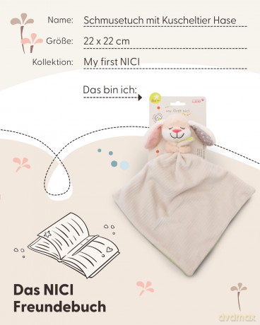NICI Schmusetuch 22x22cm mit Kuscheltier Hase 12cm auf Header Karte