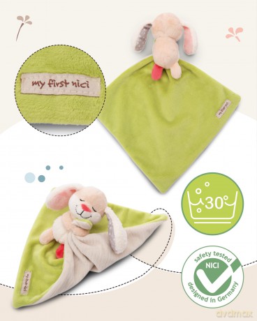 NICI Schmusetuch 22x22cm mit Kuscheltier Hase 12cm auf Header Karte