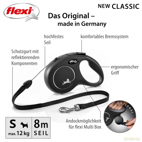 Flexi - New Classic S 8M Leash Cord Black Max 12Kg - (600.7734)