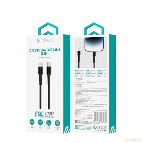 Devia kabel Gracious USB-C - USB-C 1,5 m 3A czarny