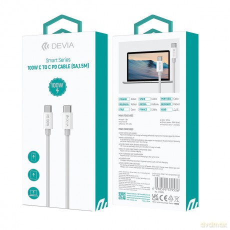 Devia kabel Smart PD USB-C - USB-C 1,5 m 5A biały