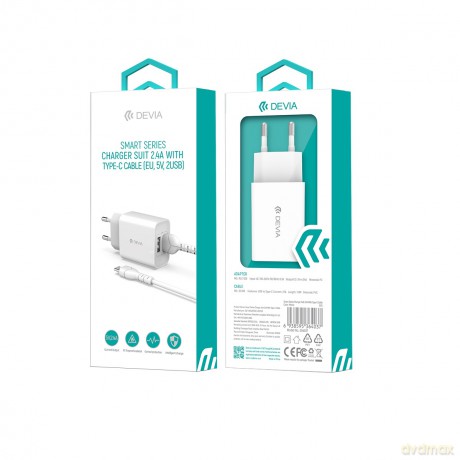 Devia ładowarka sieciowa Smart 2x USB 2,4A biała + kabel USB-C