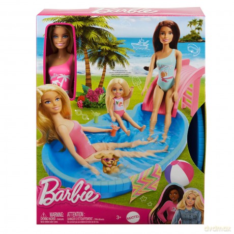 Barbie - Doll And Pool Playset, Blonde With Pool, Slide, Towel And Drink Accessories (HRJ74)