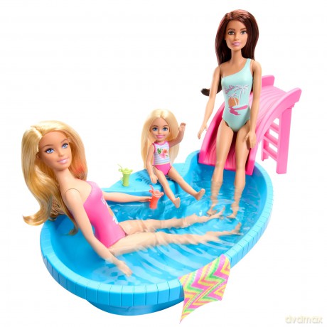 Barbie - Doll And Pool Playset, Blonde With Pool, Slide, Towel And Drink Accessories (HRJ74)