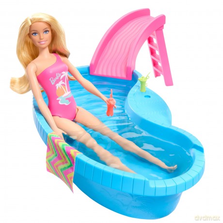 Barbie - Doll And Pool Playset, Blonde With Pool, Slide, Towel And Drink Accessories (HRJ74)