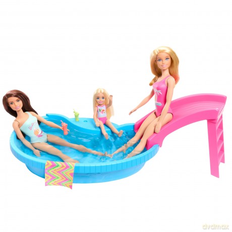 Barbie - Doll And Pool Playset, Blonde With Pool, Slide, Towel And Drink Accessories (HRJ74)