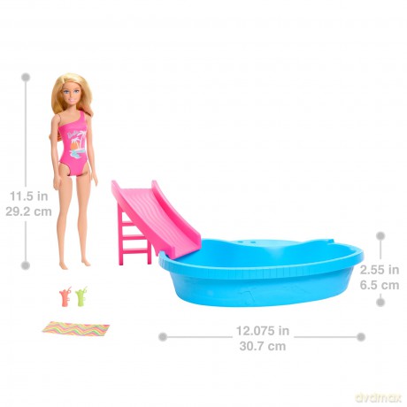 Barbie - Doll And Pool Playset, Blonde With Pool, Slide, Towel And Drink Accessories (HRJ74)