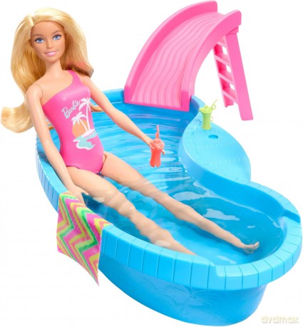 Barbie - Doll And Pool Playset, Blonde With Pool, Slide, Towel And Drink Accessories (HRJ74)