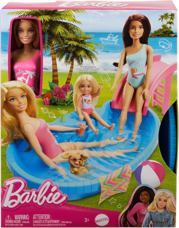 Barbie - Doll And Pool Playset, Blonde With Pool, Slide, Towel And Drink Accessories (HRJ74)