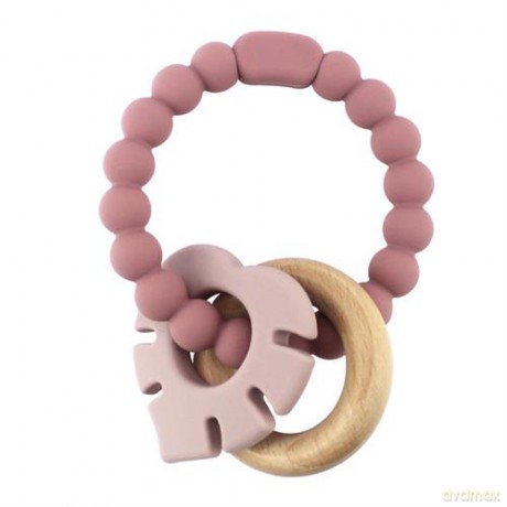 Magni - Teether bracelet silicone with wooden ring and leaves appendix -Dusty rose (5545)