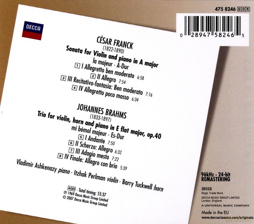 Perlman/Ashkenazy/Tuckwell: Brahms,Franck:Chamber Music [CD]