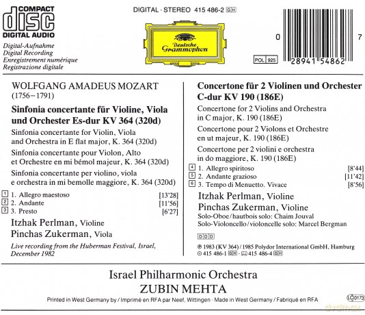 Perlman: Mozart:Simfonia Concertante [CD]