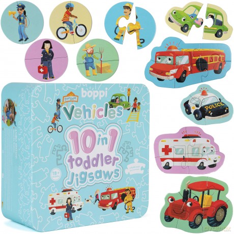 10 Puzzles in 1 Premium Progressive Jigsaw Puzzles for Toddlers 18 Months Plus - Cars Fire Engine Police Vehicles Puzzles for Toddlers/Child Development Toys - Puzzles by boppi - 100% Recycled Card [PUZZLE]