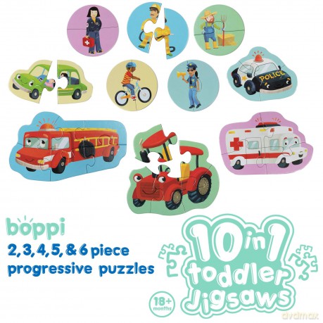 10 Puzzles in 1 Premium Progressive Jigsaw Puzzles for Toddlers 18 Months Plus - Cars Fire Engine Police Vehicles Puzzles for Toddlers/Child Development Toys - Puzzles by boppi - 100% Recycled Card [PUZZLE]