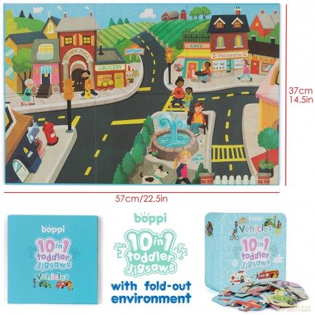 10 Puzzles in 1 Premium Progressive Jigsaw Puzzles for Toddlers 18 Months Plus - Cars Fire Engine Police Vehicles Puzzles for Toddlers/Child Development Toys - Puzzles by boppi - 100% Recycled Card [PUZZLE]