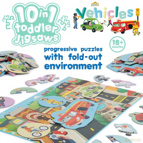 10 Puzzles in 1 Premium Progressive Jigsaw Puzzles for Toddlers 18 Months Plus - Cars Fire Engine Police Vehicles Puzzles for Toddlers/Child Development Toys - Puzzles by boppi - 100% Recycled Card [PUZZLE]