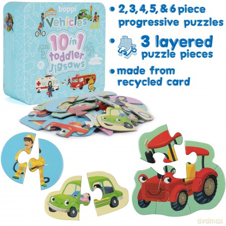 10 Puzzles in 1 Premium Progressive Jigsaw Puzzles for Toddlers 18 Months Plus - Cars Fire Engine Police Vehicles Puzzles for Toddlers/Child Development Toys - Puzzles by boppi - 100% Recycled Card [PUZZLE]