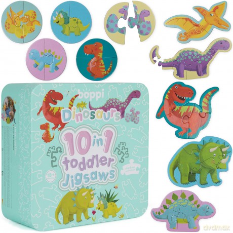 10 Puzzles in 1 Premium Progressive Jigsaw Puzzles for Toddlers 18 Months Plus With Gift Box - Dinosaur Toddler Puzzles/Child Development Toys - Dinosaur Puzzle by boppi - 100% Recycled Card [PUZZLE]