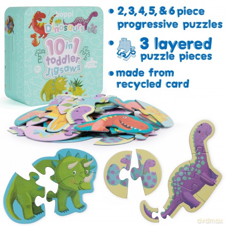 10 Puzzles in 1 Premium Progressive Jigsaw Puzzles for Toddlers 18 Months Plus With Gift Box - Dinosaur Toddler Puzzles/Child Development Toys - Dinosaur Puzzle by boppi - 100% Recycled Card [PUZZLE]