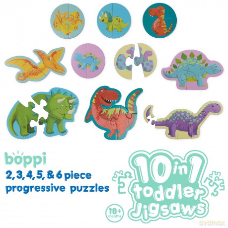 10 Puzzles in 1 Premium Progressive Jigsaw Puzzles for Toddlers 18 Months Plus With Gift Box - Dinosaur Toddler Puzzles/Child Development Toys - Dinosaur Puzzle by boppi - 100% Recycled Card [PUZZLE]