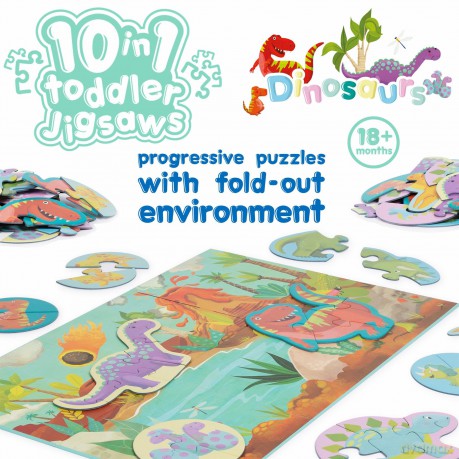 10 Puzzles in 1 Premium Progressive Jigsaw Puzzles for Toddlers 18 Months Plus With Gift Box - Dinosaur Toddler Puzzles/Child Development Toys - Dinosaur Puzzle by boppi - 100% Recycled Card [PUZZLE]
