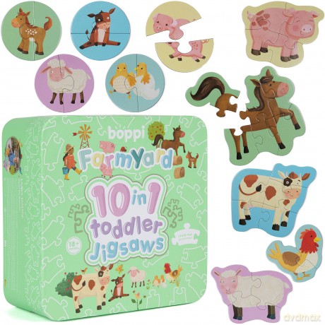 10 Puzzles in 1 Premium Progressive Jigsaw Puzzles for Toddlers 18 Months Plus With Gift Box - Farmyard Animal Toddler Puzzles/Development Toys - Farm Animal Puzzle by boppi - 100% Recycled Card [PUZZLE]