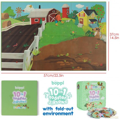 10 Puzzles in 1 Premium Progressive Jigsaw Puzzles for Toddlers 18 Months Plus With Gift Box - Farmyard Animal Toddler Puzzles/Development Toys - Farm Animal Puzzle by boppi - 100% Recycled Card [PUZZLE]