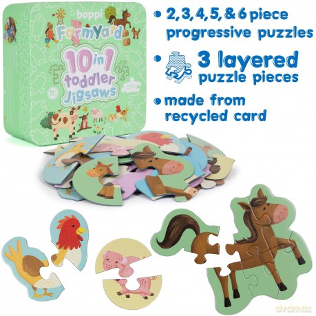 10 Puzzles in 1 Premium Progressive Jigsaw Puzzles for Toddlers 18 Months Plus With Gift Box - Farmyard Animal Toddler Puzzles/Development Toys - Farm Animal Puzzle by boppi - 100% Recycled Card [PUZZLE]