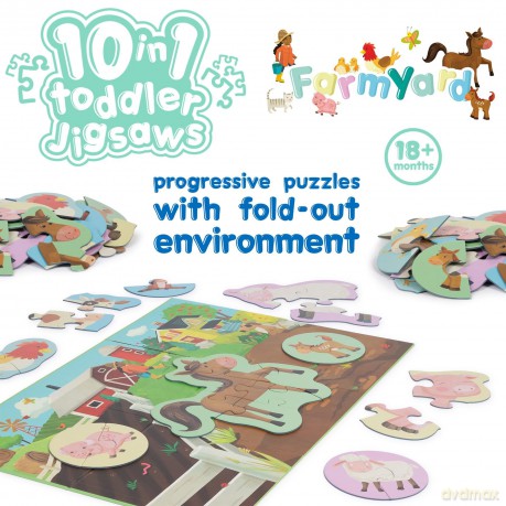 10 Puzzles in 1 Premium Progressive Jigsaw Puzzles for Toddlers 18 Months Plus With Gift Box - Farmyard Animal Toddler Puzzles/Development Toys - Farm Animal Puzzle by boppi - 100% Recycled Card [PUZZLE]