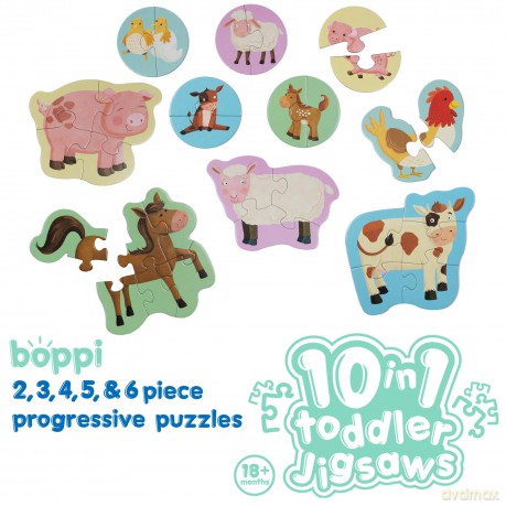 10 Puzzles in 1 Premium Progressive Jigsaw Puzzles for Toddlers 18 Months Plus With Gift Box - Farmyard Animal Toddler Puzzles/Development Toys - Farm Animal Puzzle by boppi - 100% Recycled Card [PUZZLE]