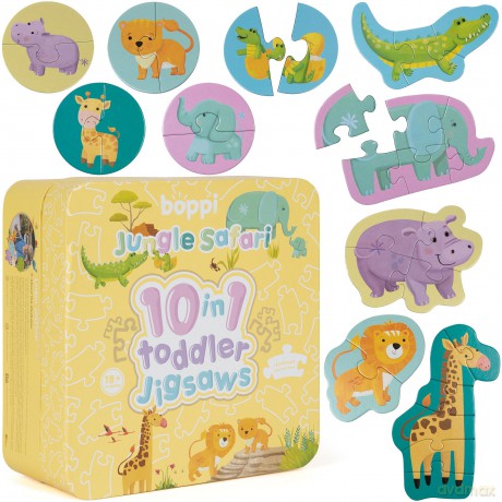 10 Puzzles in 1 Premium Progressive Jigsaw Puzzles for Toddlers 18 Months Plus With Gift Box - Jungle Animal Toddler Puzzles/Development Toys - Jungle Safari Puzzle by boppi - 100% Recycled Card [PUZZLE]