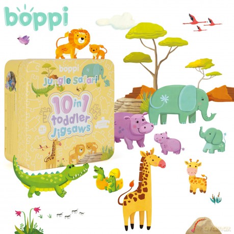 10 Puzzles in 1 Premium Progressive Jigsaw Puzzles for Toddlers 18 Months Plus With Gift Box - Jungle Animal Toddler Puzzles/Development Toys - Jungle Safari Puzzle by boppi - 100% Recycled Card [PUZZLE]