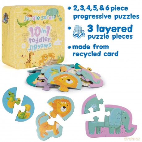 10 Puzzles in 1 Premium Progressive Jigsaw Puzzles for Toddlers 18 Months Plus With Gift Box - Jungle Animal Toddler Puzzles/Development Toys - Jungle Safari Puzzle by boppi - 100% Recycled Card [PUZZLE]
