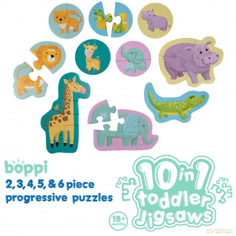 10 Puzzles in 1 Premium Progressive Jigsaw Puzzles for Toddlers 18 Months Plus With Gift Box - Jungle Animal Toddler Puzzles/Development Toys - Jungle Safari Puzzle by boppi - 100% Recycled Card [PUZZLE]