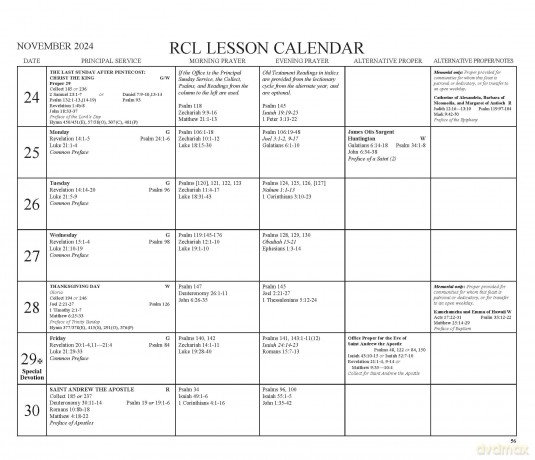 2024 Episcopal Church Revised Common Lectionary Lesson Calendar [KALENDARZ]