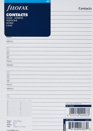A5 Filofax Contacts Refill. Name, Address, Telephone, Mobile, E-Mail. [KSIĄŻKA]