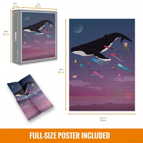 Cloudberries Whale Puzzle, Dreamy Whale Jigsaw Puzzle for Adults, 500 Piece Puzzles, Fun Ocean Puzzle with Gradient Colours, Bright Kites and a Full Moon, Made in Europe [PUZZLE]
