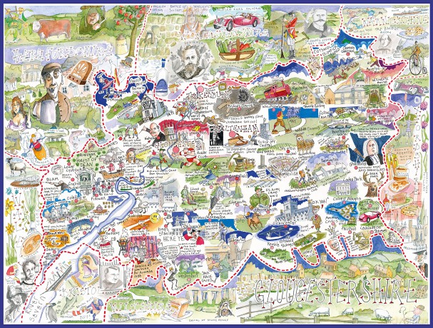 Comical Map Of Gloucestershire, Artwork By Tim Bulmer - 1000 Piece Puzzle For Adults, Large Puzzle 66cm X 50cm In Size. Challenging To Complete But Fun And Humorous [PUZZLE]