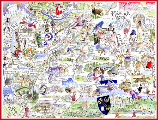 Comical Map Of Surrey By Tim Bulmer - 1000 Piece Puzzle For Adults, Large Puzzle 66cm X 50cm In Size. Challenging To Complete But Fun And Humorous [PUZZLE]