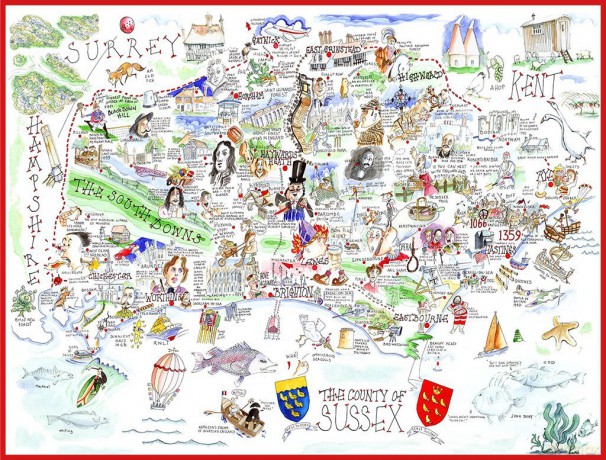 Comical Map Of Sussex By Tim Bulmer - 1000 Piece Puzzle For Adults, Large Puzzle 66cm X 50cm In Size. Challenging To Complete But Fun And Humorous [PUZZLE]