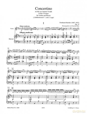 Concertino in the Style of Vivaldi Op. 15 for Violin and Piano: Easy Concerto, 1st and 3rd Position (Edition Peters) - Ferdinand Küchler [KSIĄŻKA]