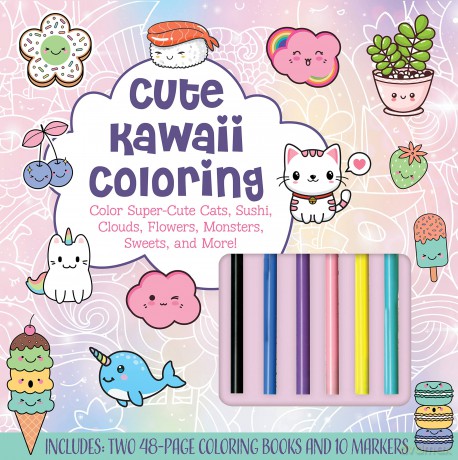 Cute Kawaii Coloring Kit: Color Super-Cute Cats, Sushi, Clouds, Flowers, Monsters, Sweets, and More! Includes: Two 48-page Coloring Books and 10 Markers - Editors of Chartwell Books [KSIĄŻKA]