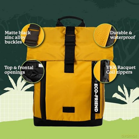 Dingbats* - Roll Top Backpack for Men and Women. Fits 15 Laptops. Waterproof Design for Travel, Walking and Work Commutes. Rucksack Made from Recycled PET Bottles (Small 25L Rucksack - Yellow) [KSIĄŻKA]