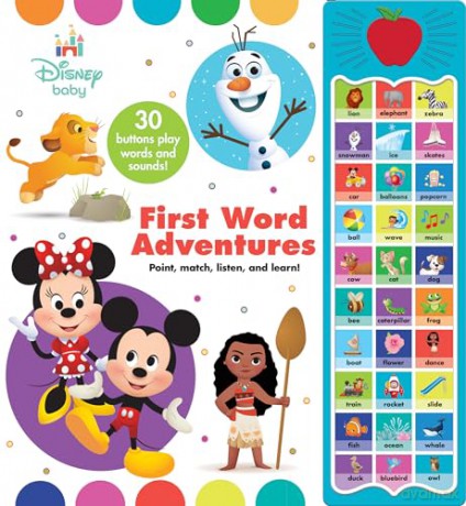 Disney Baby Mickey Mouse, Minnie, Frozen, Moana, and More! - First Word Adventures: Point, Match, Listen, and Learn! 30-Button Sound Book - Great for First Words - PI Kids - PI Kids [KSIĄŻKA]
