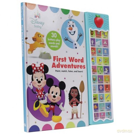 Disney Baby Mickey Mouse, Minnie, Frozen, Moana, and More! - First Word Adventures: Point, Match, Listen, and Learn! 30-Button Sound Book - Great for First Words - PI Kids - PI Kids [KSIĄŻKA]