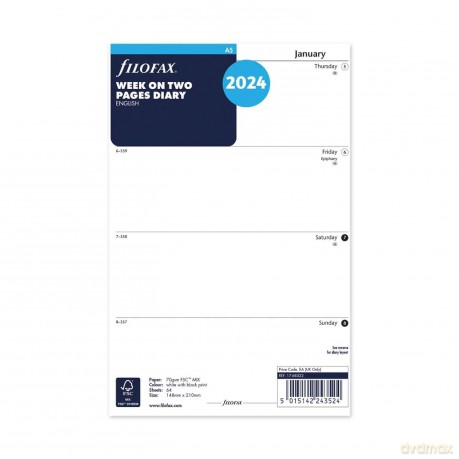 Filofax A5 week on two pages English 2024 diary, White [KSIĄŻKA]