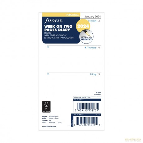 Filofax Personal week on two pages English Sunday start 2024 diary, White [KSIĄŻKA]